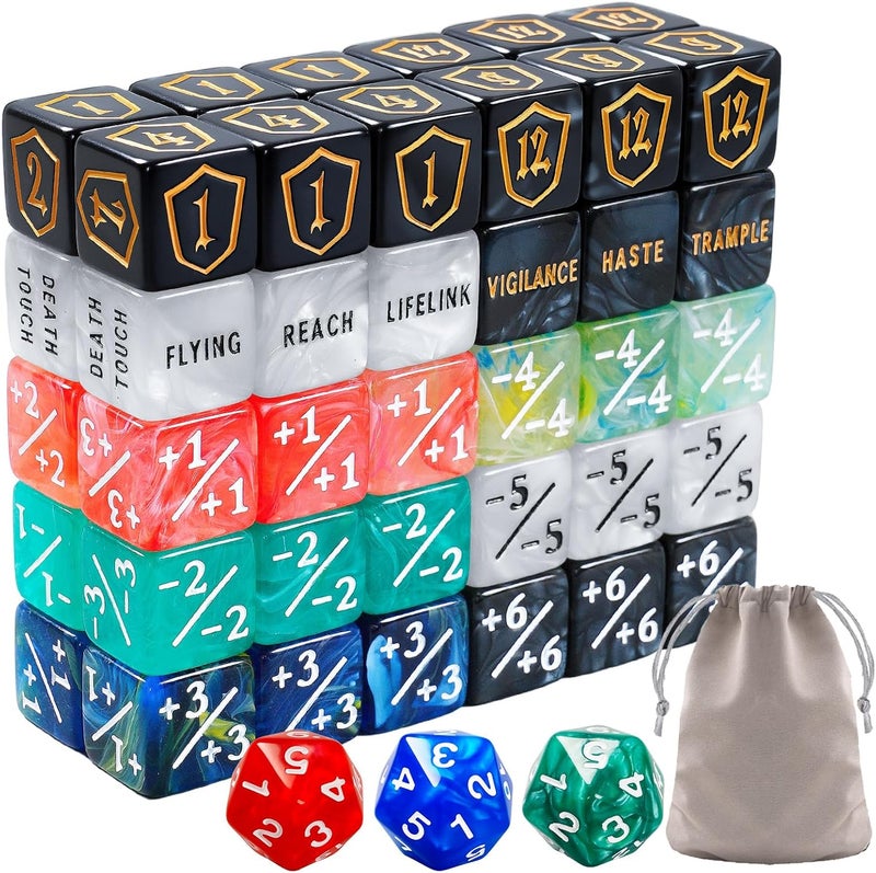 Ravonixis 63 PCS MTG Dice Set with Shield Life Counter (1–12), Keyword Ability Counters, +1/-1 Stat Modifier Dice in 6 Colors, D20 & Storage Bag - Image 1
